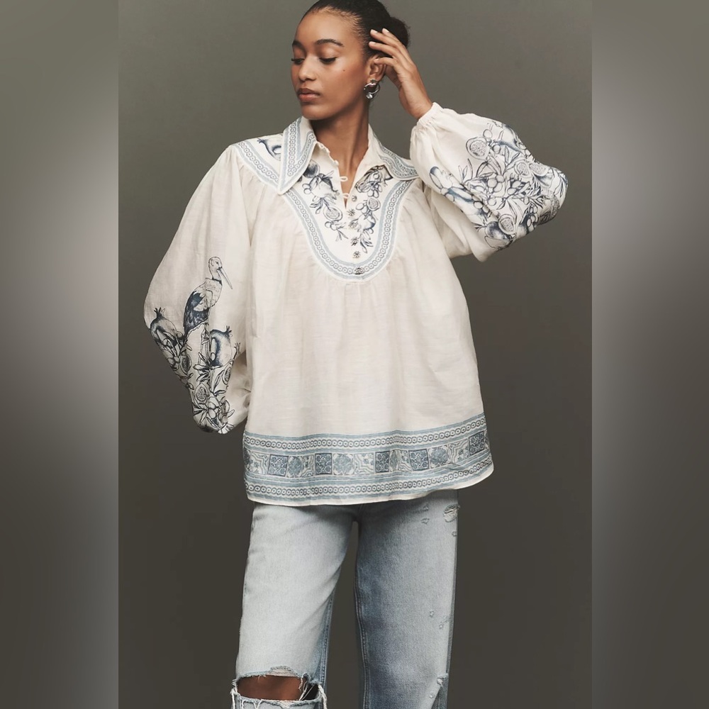 ALÉMAIS Villa Romantica Long-Sleeve Linen Blouse size - ivory pattern US 4 - Picture 2 of 9